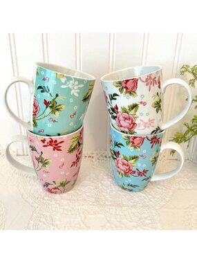 Charlton Home Weldy 4 Multicolor Floral Porcelain Mugs Rose Chintz Coffee Tea